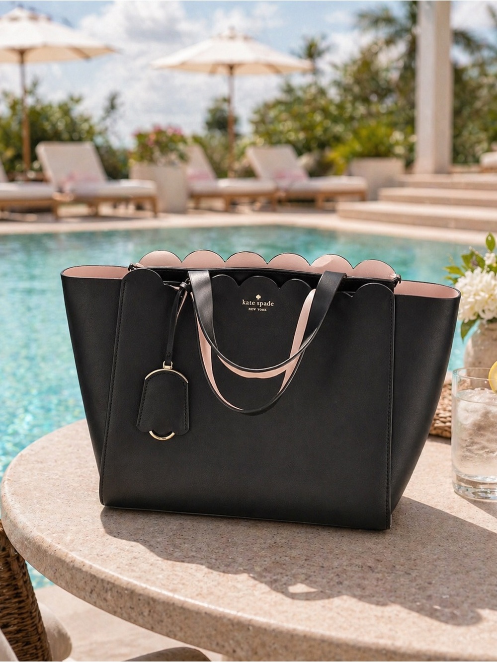 kate spade Black Tote with Pink Scalloped Trim